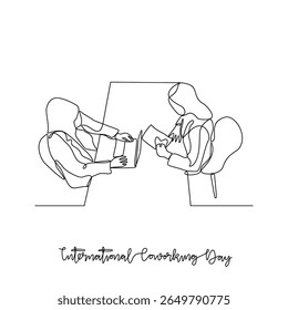 Eine durchgehende Strichzeichnung der Vektorgrafik zum Internationalen Coworking Day. International Coworking Day Themes Designkonzept in einfacher linearer, durchgehender Linie. Geeignetes Design für die Kampagne.