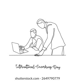 One continuous line drawing of International Coworking Day vector illustration. International Coworking day themes design concept in simple linear continuous line. Suitable design for campaign.