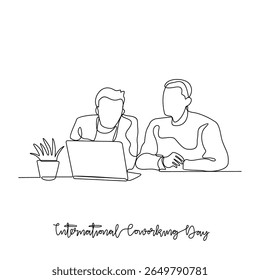 Dibujo de una línea continua de la Ilustración vectorial del Día Internacional del Coworking. Concepto de diseño de temas del día de coworking internacional en línea continua lineal simple. Diseño adecuado para la campaña.