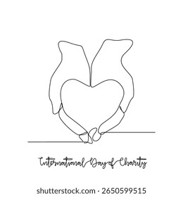 One continuous line drawing of International Day of Charity vector illustration. International Day of Charity  themes design concept in simple linear continuous line. Great design for social campaign.