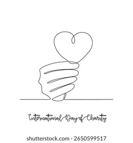 One continuous line drawing of International Day of Charity vector illustration. International Day of Charity  themes design concept in simple linear continuous line. Great design for social campaign.
