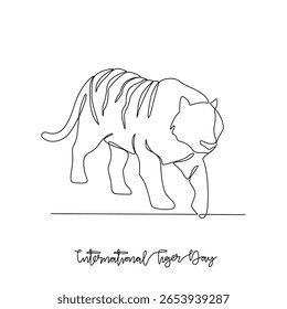 One continuous line drawing of International Tiger Day vector illustration. International Tiger Day themes design concept in simple linear continuous line. Animal design campaign for social purpose.