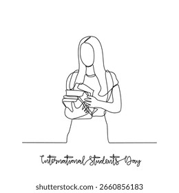 One continuous line drawing of International Student Day vector illustration. International Student Day themes design concept in simple linear continuous line. Great vector design for education.