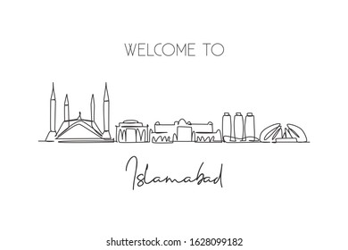 One Continuous Line Drawing Of Islamabad City Skyline, Pakistan. Beautiful City Landmark. World Landscape Tourism And Travel Vacation. Editable Stylish Single Line Draw Design Vector Art Illustration