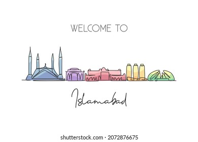 One Continuous Line Drawing Of Islamabad City Skyline, Pakistan. Beautiful City Landmark. World Landscape Tourism And Travel Vacation. Editable Stylish Single Line Draw Design Vector Art Illustration