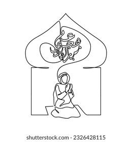 One continuous line drawing of Islamic New Year. People praying with mosque and calligraphy background concept vector illustration in simple linear style. Arabic Translation: Happy Islamic New Year