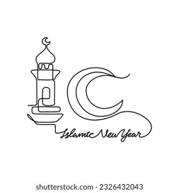 One continuous line drawing of Islamic New Year. Islamic holiday that falls on the 1st day of Muharram of the lunar Islamic Calendar in simple linear style. Islamic design concept vector illustration.