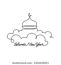 One continuous line drawing of Islamic New Year. Islamic holiday that falls on the 1st day of Muharram of the lunar Islamic Calendar in simple linear style. Islamic design concept vector illustration.