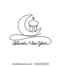 Un trazo continuo del Año Nuevo Islámico. Fiesta islámica que cae en el primer día del Muharram del calendario islámico lunar en un estilo simple lineal. Ilustración vectorial del concepto de diseño islámico.