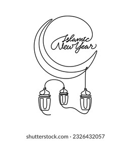 One continuous line drawing of Islamic New Year. Islamic holiday that falls on the 1st day of Muharram of the lunar Islamic Calendar in simple linear style. Islamic design concept vector illustration.