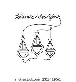 One continuous line drawing of Islamic New Year. Islamic holiday that falls on the 1st day of Muharram of the lunar Islamic Calendar in simple linear style. Islamic design concept vector illustration.