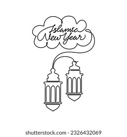 One continuous line drawing of Islamic New Year. Islamic holiday that falls on the 1st day of Muharram of the lunar Islamic Calendar in simple linear style. Islamic design concept vector illustration.