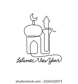 One continuous line drawing of Islamic New Year. Islamic holiday that falls on the 1st day of Muharram of the lunar Islamic Calendar in simple linear style. Islamic design concept vector illustration.