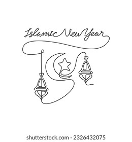 One continuous line drawing of Islamic New Year. Islamic holiday that falls on the 1st day of Muharram of the lunar Islamic Calendar in simple linear style. Islamic design concept vector illustration.