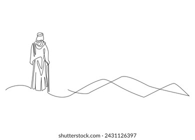 one continuous line drawing of Islamic people standing on a hill.one line drawing of people in traditional Islamic clothing standing on a hill.single line Islamic travelers