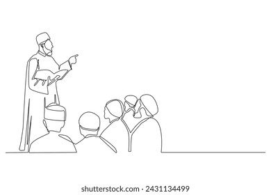 Línea continua de estudios islámicos. Ilustración de línea vectorial de un profesor islámico dando estudios a sus estudiantes. Un clérigo musulmán leyendo un libro a los estudiantes.