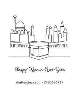 One continuous line drawing of Islamic New Year celebration vector illustration. Islamic religion themes design with simple linear vector concept. Islamic New Year mark the start of the Hijri calendar