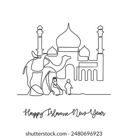 One continuous line drawing of Islamic New Year celebration vector illustration. Islamic religion themes design with simple linear vector concept. Islamic New Year mark the start of the Hijri calendar