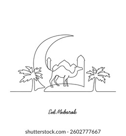 One continuous line drawing of Islamic Eid Mubarak celebration vector illustration. Islamic religion themes design with simple linear vector concept. Eid Mubarak design for your asset Islamic vector.