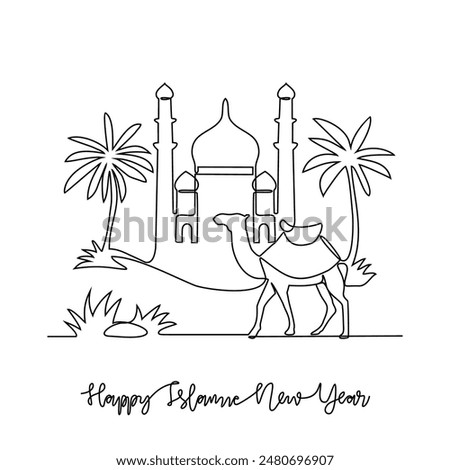 One continuous line drawing of Islamic New Year celebration vector illustration. Islamic religion themes design with simple linear vector concept. Islamic New Year mark the start of the Hijri calendar