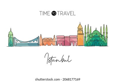 One continuous line drawing of Istanbul city skyline, Turkey. Beautiful landmark. World landscape tourism travel vacation poster. Editable stylish stroke single line draw design vector illustration