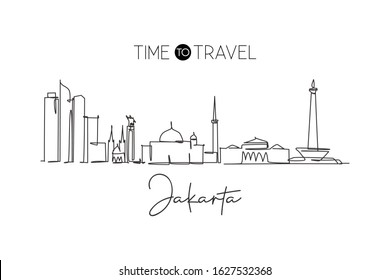 One continuous line drawing of Jakarta city skyline, Indonesia. Beautiful landmark. World landscape tourism travel vacation poster. Editable stylish stroke single line draw design vector illustration