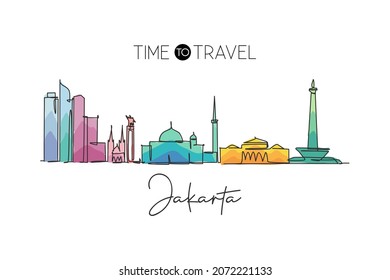 One continuous line drawing of Jakarta city skyline, Indonesia. Beautiful landmark. World landscape tourism travel vacation poster. Editable stylish stroke single line draw design vector illustration