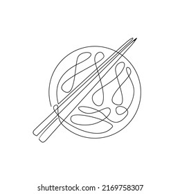 One continuous line drawing Japanese spicy noodles logo emblem Fast food cafe shop logotype template concept Modern single line draw design vector illustration