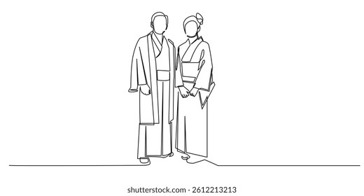 one continuous line drawing of japanese traditional clothing.single line vector illustration of man and woman wearing japanese clothing.line art of japanese fashion style