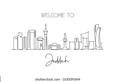 One continuous line drawing of Jeddah city skyline, Saudi Arabia. Beautiful landmark postcard print. World landscape tourism travel vacation. Stylish stroke single line draw design vector illustration