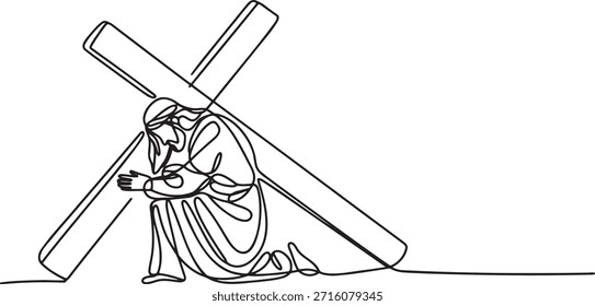 Un dibujo de línea continua de Jesucristo llevando pesada cruz de madera.  Ilustración vectorial religiosa de estilo minimalista simple de la pasión de Cristo.  Diseño gráfico para el cristianismo, el catolicismo, la Semana Santa, el Viernes Santo y la Pascua.  Representa la lucha espiritual, el sacrificio y el camino de la cruz.