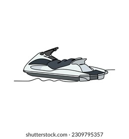 Una línea continua de un espigón en el mar. Ilustración conceptual de Jetski en estilo lineal simple. Ilustración vectorial del concepto de diseño de proa marina