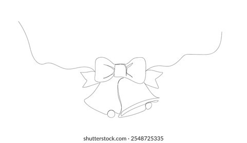 One continuous line drawing of jingle bells hang  ribbon at Christmas, and holy mulberries leave. Jingle Bells Christmas. Golden Bell Christmas ornament. Hand made vector not AI.