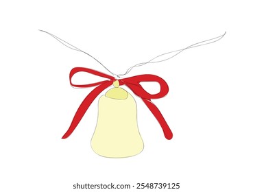 One continuous line drawing of jingle bells hang  ribbon at Christmas.  Golden Bell Christmas ornament Jingle Bells Christmas. Hand made vector not AI.