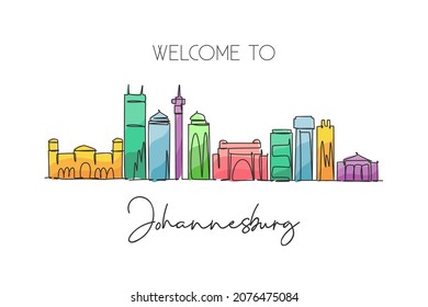 One continuous line drawing of Johannesburg city skyline, South Africa. Beautiful landmark wall decor poster print. World landscape tourism travel. Stylish single line draw design vector illustration