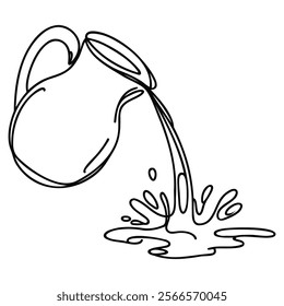 one continuous line drawing of a jug pouring water.one line drawing of water coming out of a clay jug.antique jug icon.single line vector illustration.isolated white background