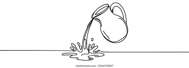 one continuous line drawing of a jug pouring water.one line drawing of water coming out of a clay jug.antique jug icon.single line vector illustration.isolated white background