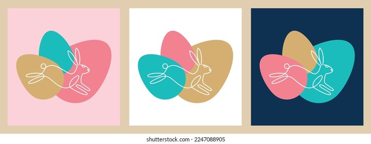 One continuous line drawing of a jumping bunny against a background of colorful Easter eggs