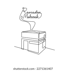 One continuous line drawing of a ka'bah as place for praying. Moslem praying design with simple linear style. Ramadan kareem design concept
