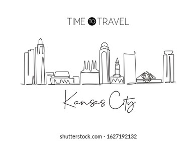 One continuous line drawing of Kansas city skyline, USA. Beautiful landmark. World landscape tourism travel vacation poster print. Editable stylish stroke single line draw design vector illustration