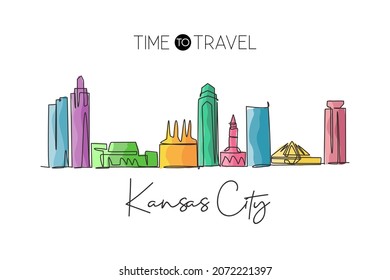 One continuous line drawing of Kansas city skyline, USA. Beautiful landmark. World landscape tourism travel vacation poster print. Editable stylish stroke single line draw design vector illustration