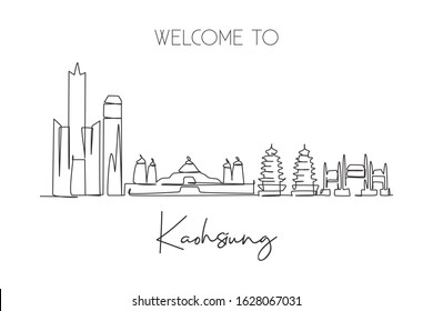 One continuous line drawing of Kaohsiung city skyline, Taiwan. Beautiful landmark. World landscape tourism and travel vacation. Editable stylish stroke art single line draw design vector illustration