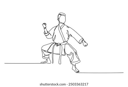 One continuous line drawing karateka fighter in kimono practicing karate kick combat. Karateka sport single line illustration.