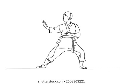 One continuous line drawing karateka fighter in kimono practicing karate kick combat. Karateka sport single line illustration.