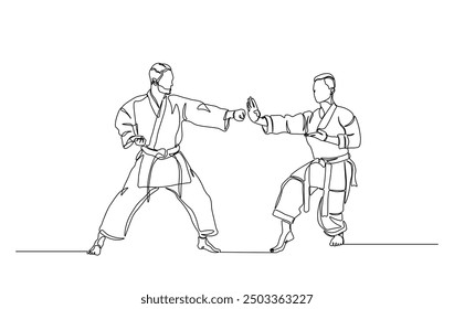 One continuous line drawing karateka fighting. Karateka sport single line illustration.