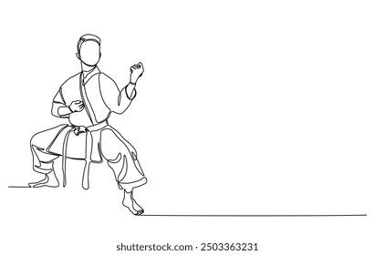 One continuous line drawing karateka fighter in kimono practicing karate kick combat. Karateka sport single line illustration.