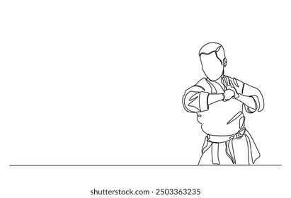 One continuous line drawing karateka fighter in kimono practicing karate kick combat. Karateka sport single line illustration.