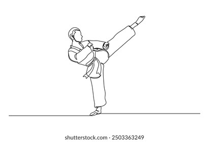 One continuous line drawing karateka fighter in kimono practicing karate kick combat. Karateka sport single line illustration.