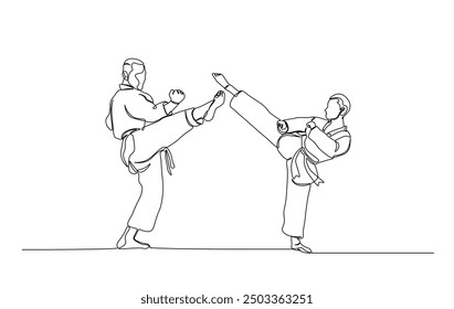 One continuous line drawing karateka fighting. Karateka sport single line illustration.