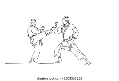 One continuous line drawing karateka fighting. Karateka sport single line illustration.